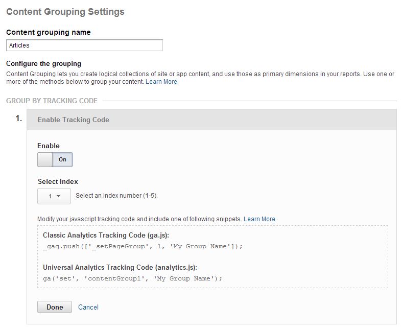 Content Grouping settings in GA