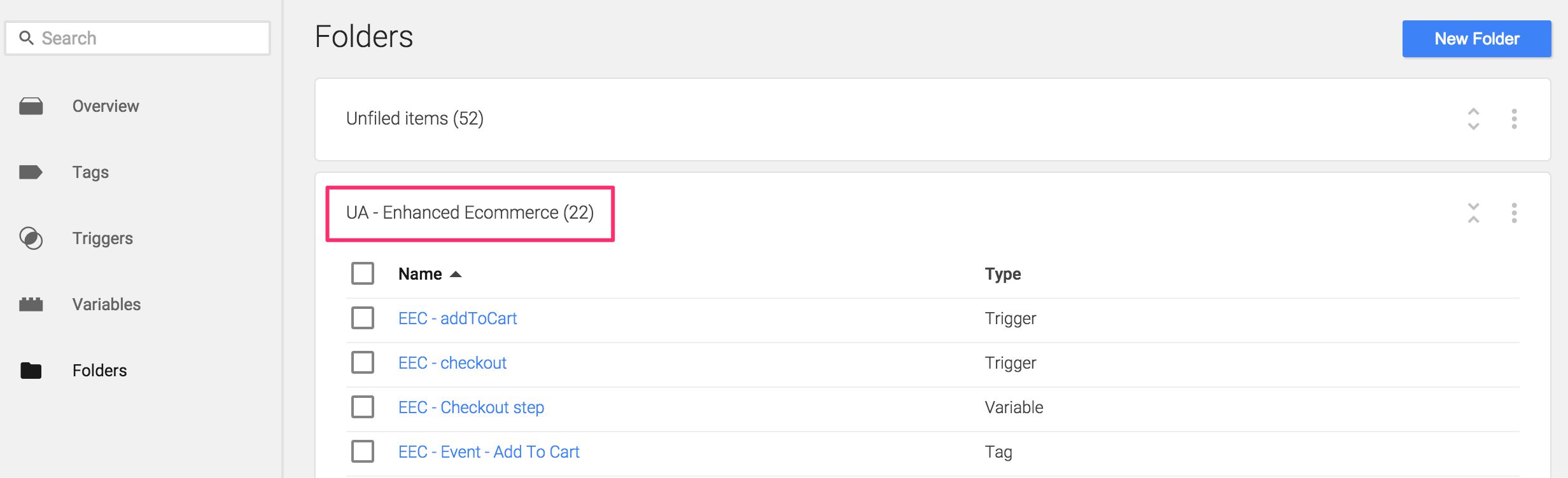 Folders in Google Tag Manager