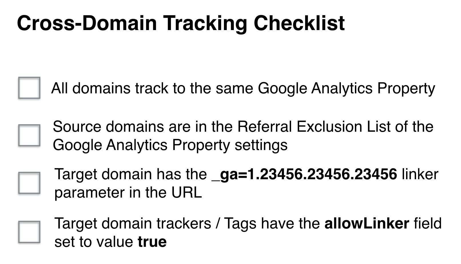 cross domain tracking checklist google analytics