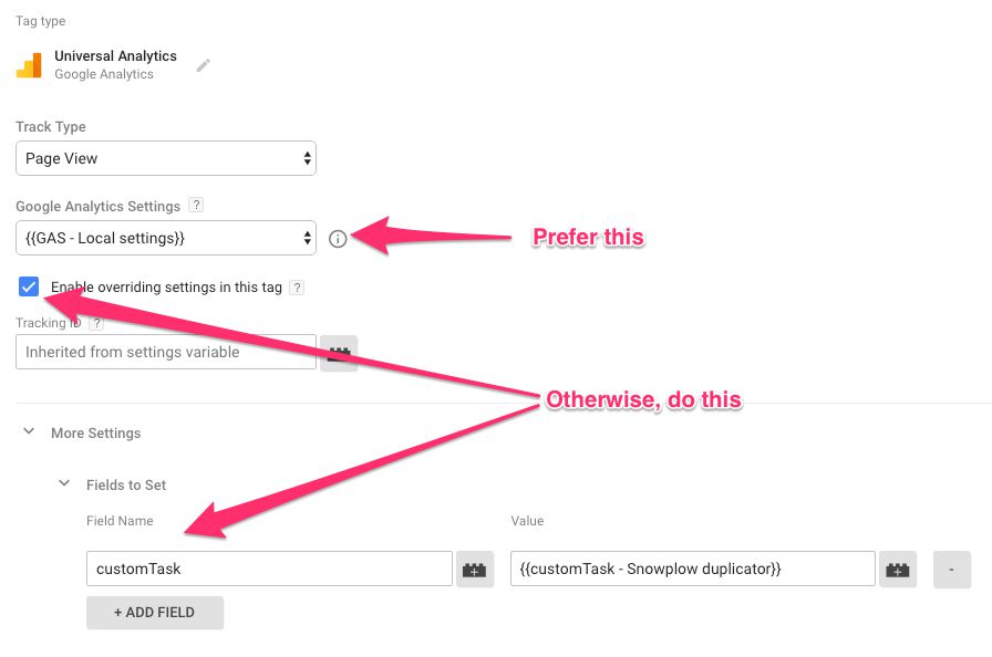Fields to set in a variable or tag Google Analytics Settings