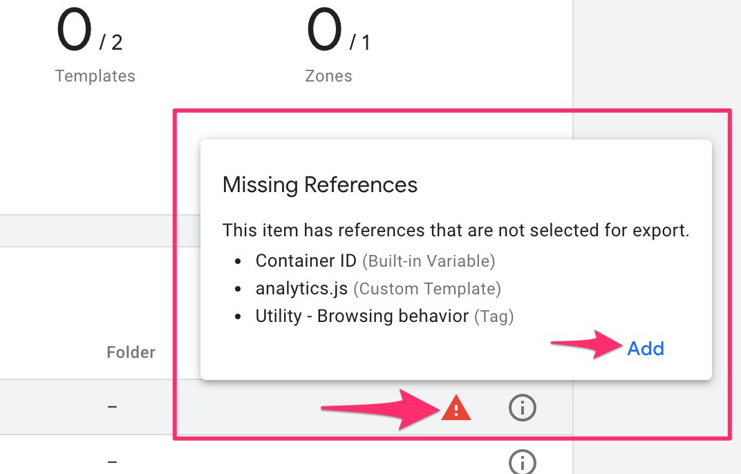 Missing references popup