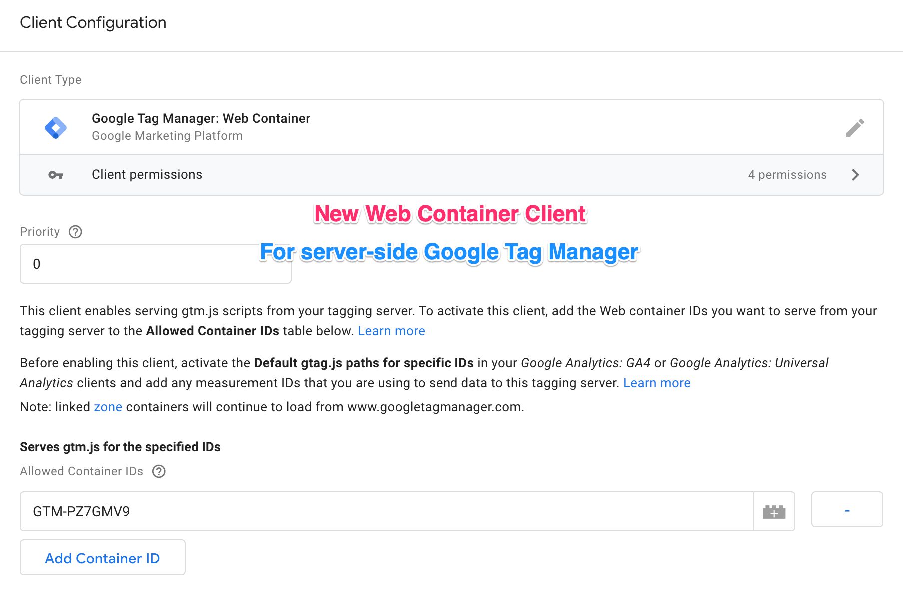 google tag manager web container client