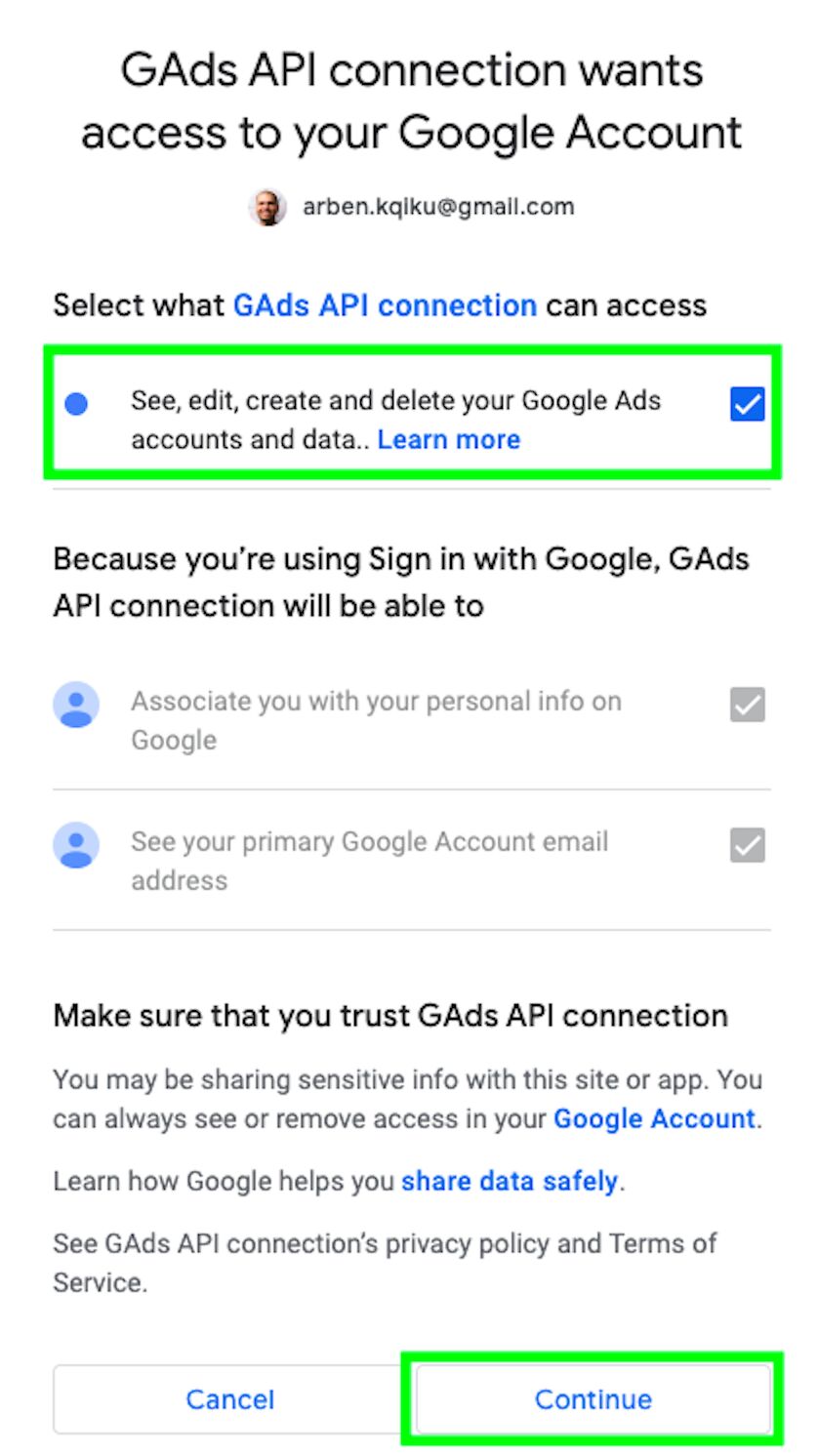 Authorize google ads access