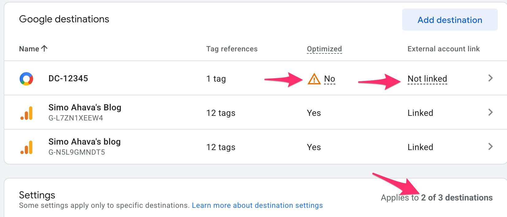 Google tag no settings