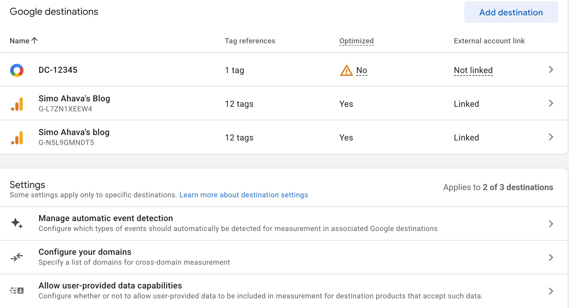 Tag settings overview
